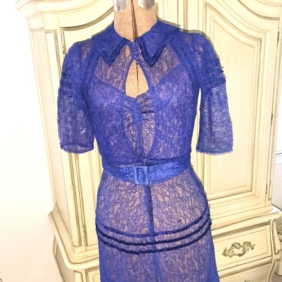 Vintage Dresses & Skirts - STUNNING SAPPHIRE VTG LACE 30S DECO DRESS/BOLERO!